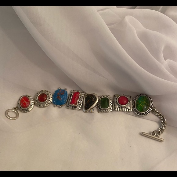 Multi Stone Silvertone Bracelet - Picture 1 of 8